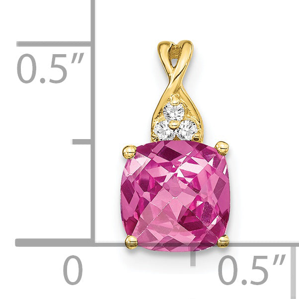 10K Yellow Gold Checkerboard Created Pink Sapphire And Diamond Pendant
