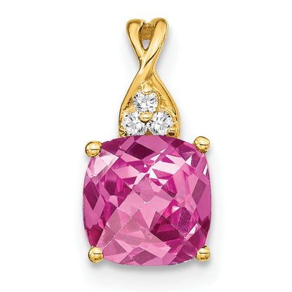 10K Yellow Gold Checkerboard Created Pink Sapphire And Diamond Pendant