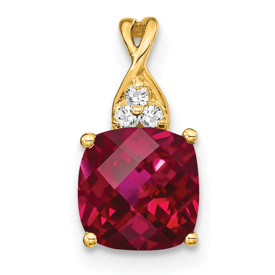 10K Yellow Gold Checkerboard Created Ruby And Diamond Pendant