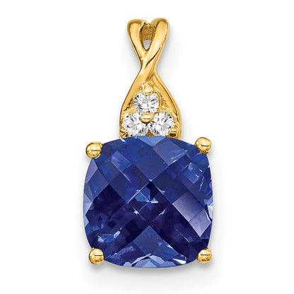 10K Yellow Gold Checkerboard Created Sapphire And Diamond Pendant