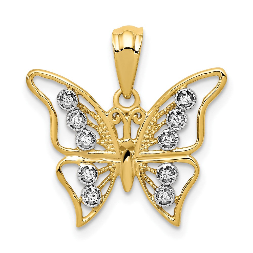 10K Yellow W/Rhodium And Rhodium Diamond Butterfly Pendant