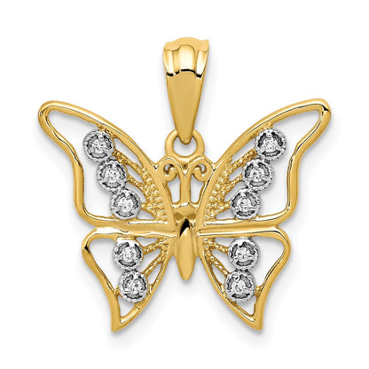 10K Yellow W/Rhodium And Rhodium Diamond Butterfly Pendant