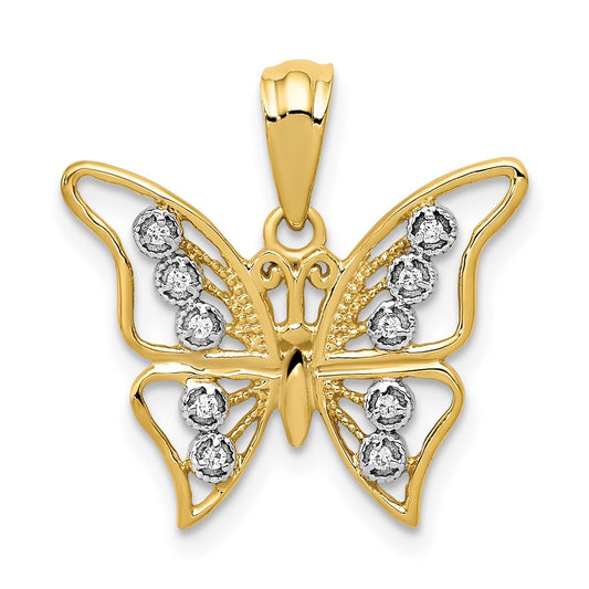 10K Yellow W/Rhodium And Rhodium Diamond Butterfly Pendant