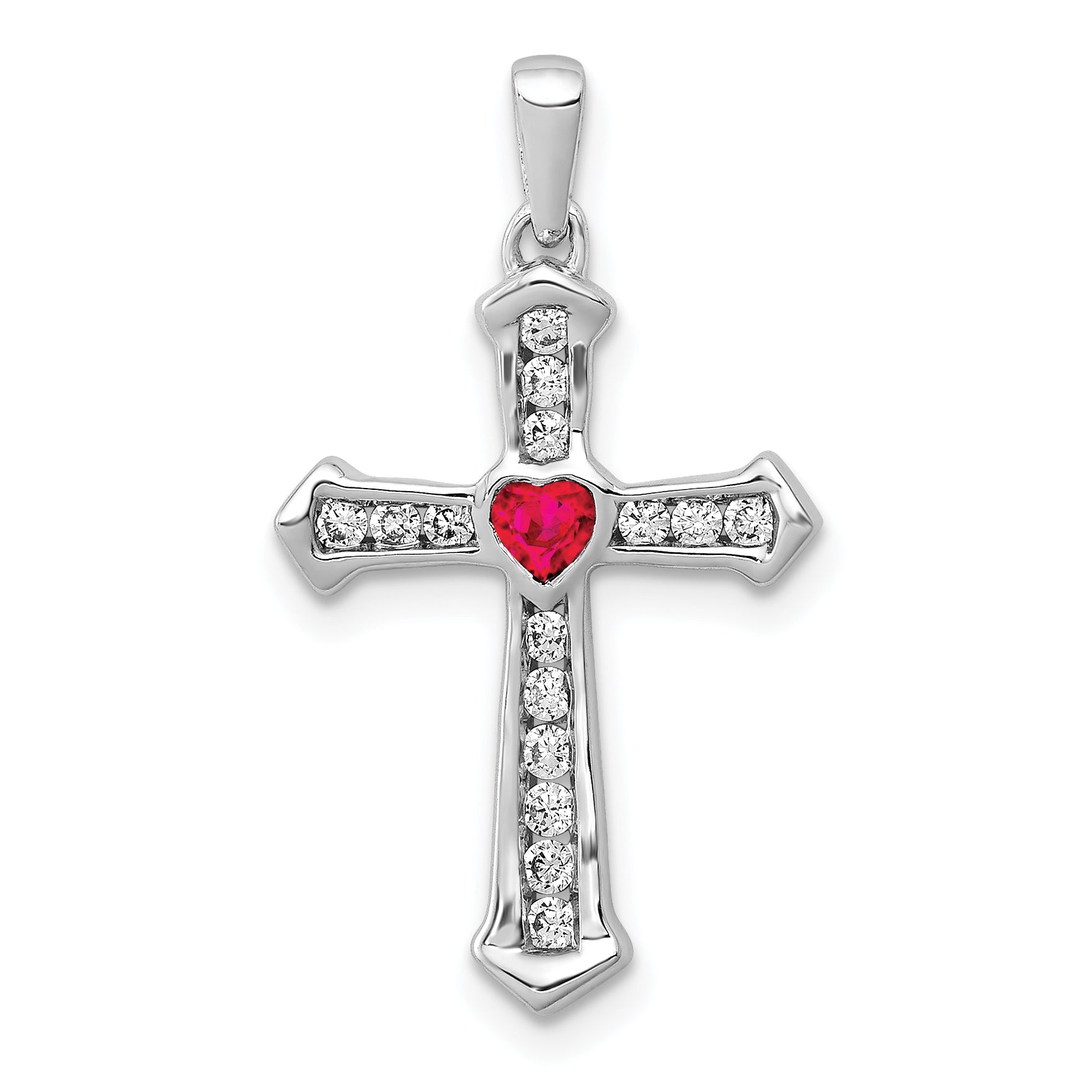 10K White Gold 10K Ruby And Diamond Heart Cross Pendant
