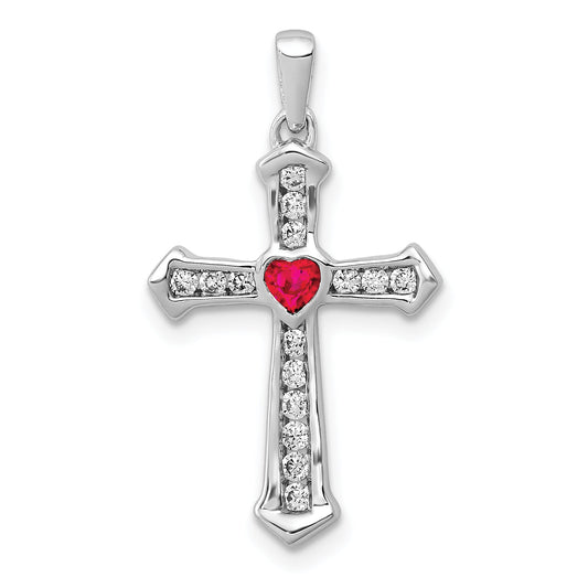 10K White Gold 10K Ruby And Diamond Heart Cross Pendant
