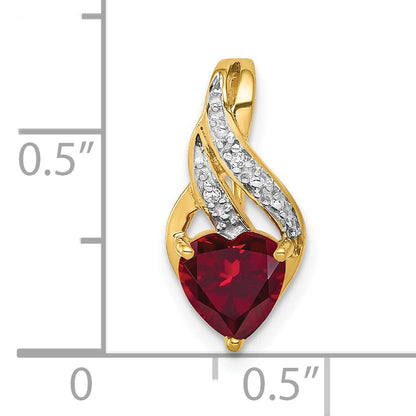 10K Yellow Gold Diamond And Created Ruby Polished Heart Pendant