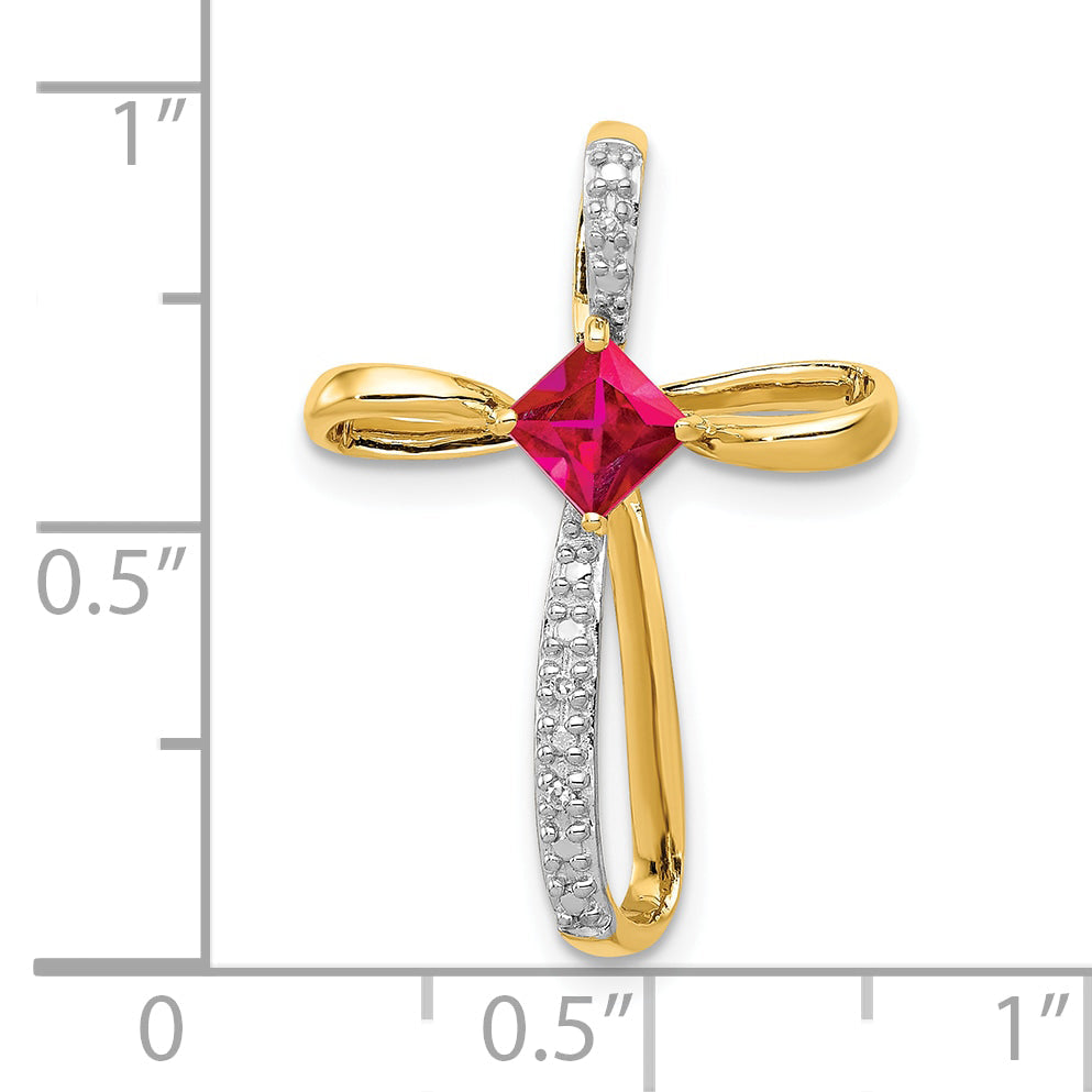 10K Yellow W/Rhodium And Rhodium Lab Created Ruby Diamond Cross Pendant