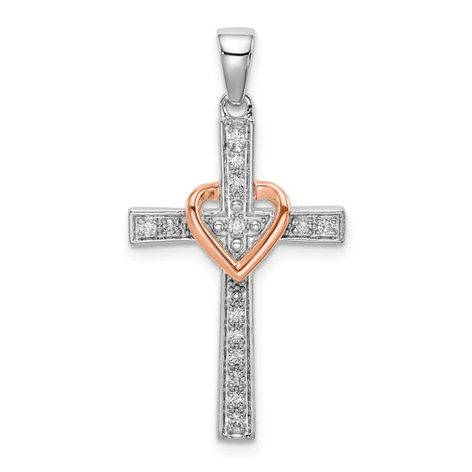 14k Two-tone Two Tone Rose and White Gold 1/8 Ct. Lab Grown Diamond VS/SI+ G+ Cross with Heart Pendant