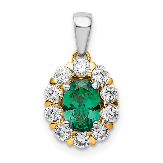 14k Two-Tone 1/2 Ct. Lab Grown Diamond VS/SI+ G+ and Lab Created Emerald Halo Pendant