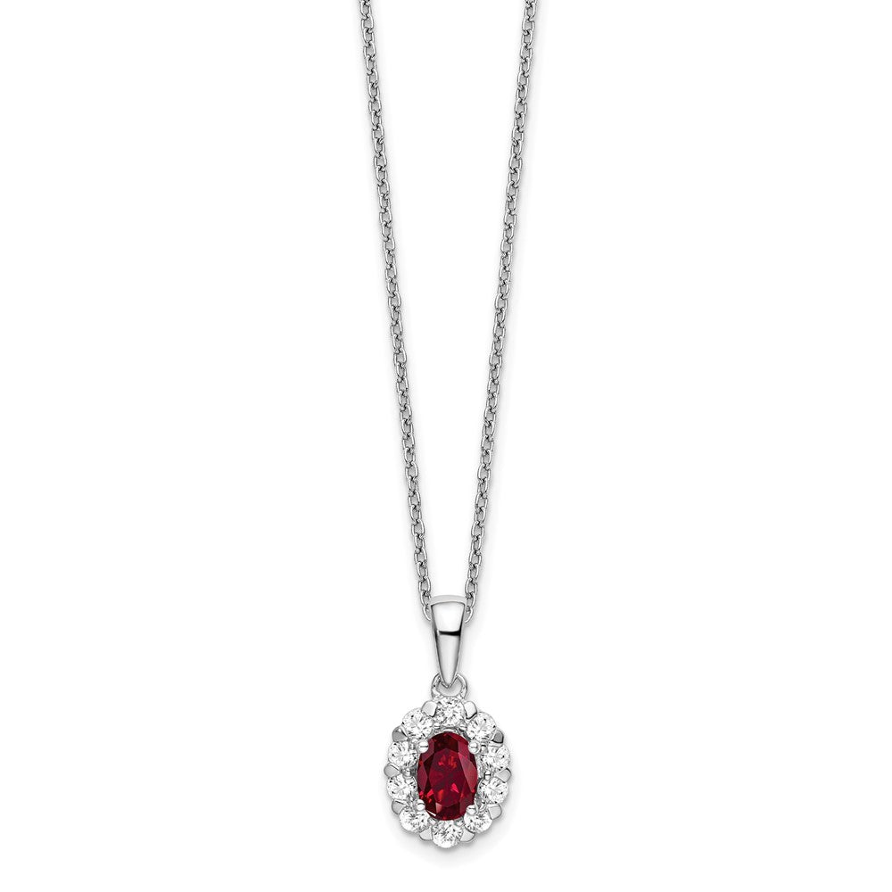 14k White Gold 1/2 Ct. Lab Grown Diamond VS/SI+ G+ and Oval Lab Created Ruby 18 inch Halo Pendant Necklace