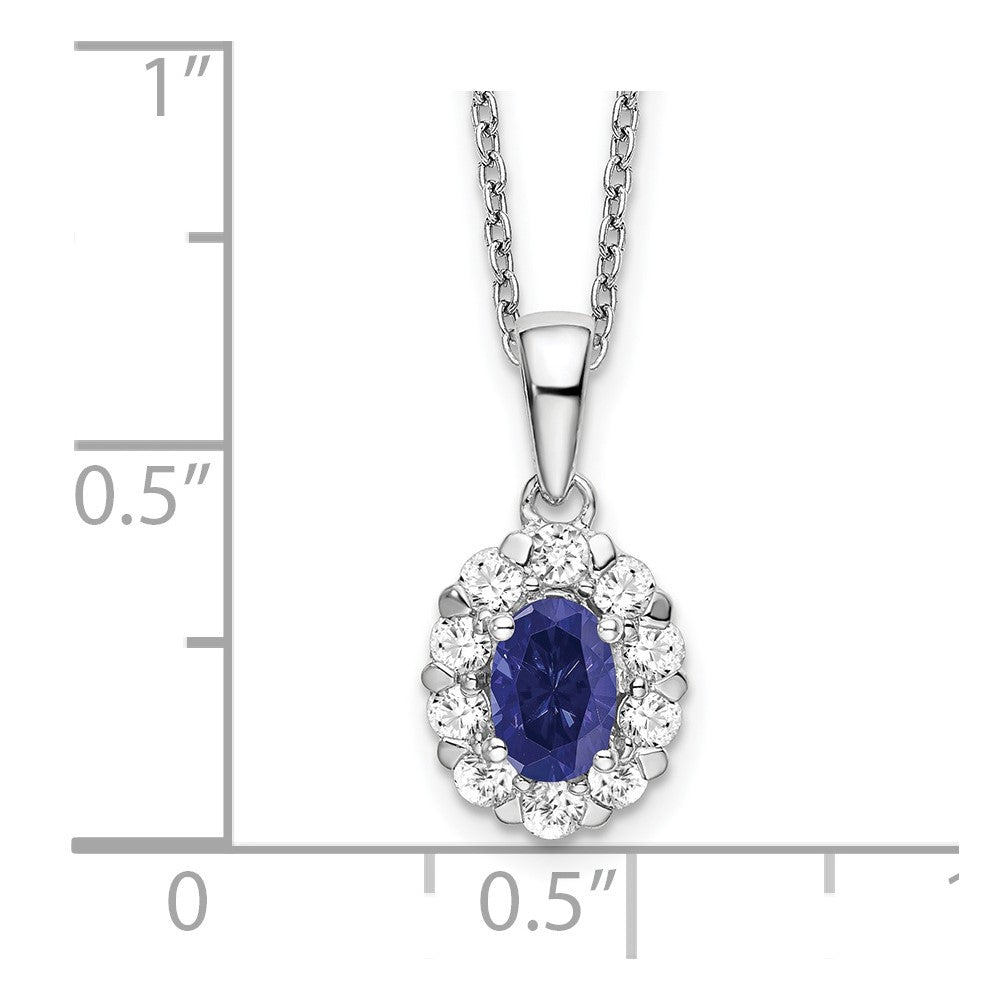 14k White Gold 1/2 Ct. Lab Grown Diamond VS/SI+ G+ and Oval Lab Created Blue Sapphire 18 inch Halo Pendant Necklace