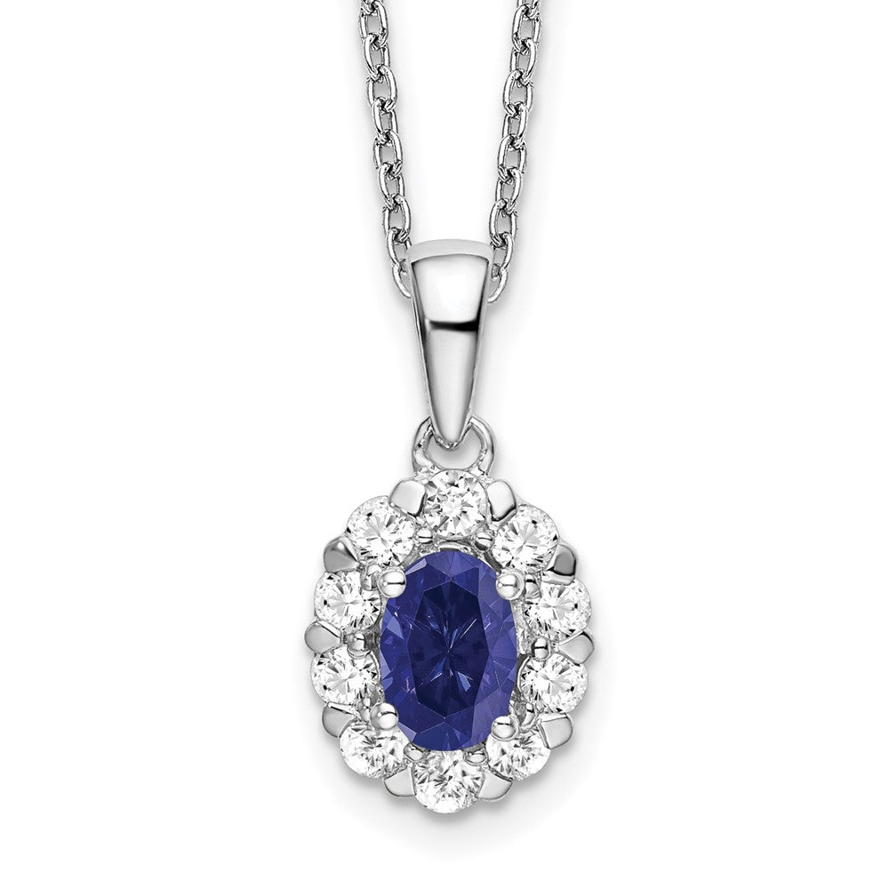 14k White Gold 1/2 Ct. Lab Grown Diamond VS/SI+ G+ and Oval Lab Created Blue Sapphire 18 inch Halo Pendant Necklace