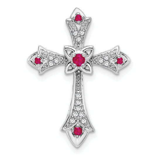10K White Gold 10K Ruby And Diamond Fleur De Lis Cross Chain Slide