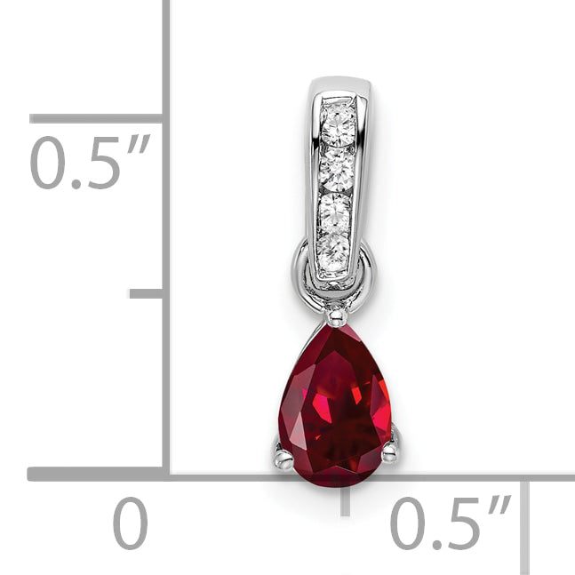 10K White Gold Pear Created Ruby And Diamond Pendant