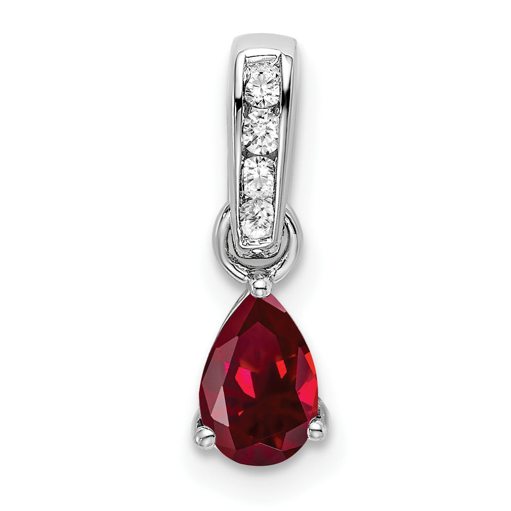 10K White Gold Pear Created Ruby And Diamond Pendant