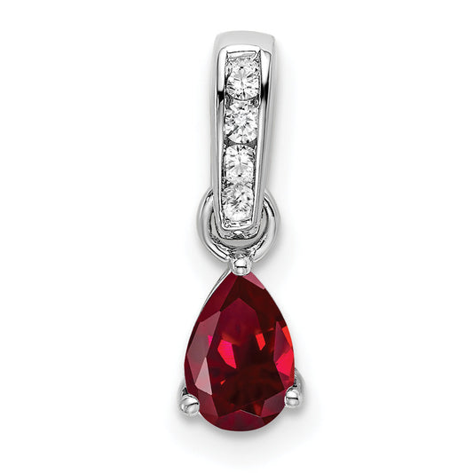 10K White Gold Pear Created Ruby And Diamond Pendant