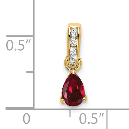 10K Yellow Gold Pear Created Ruby And Diamond Pendant