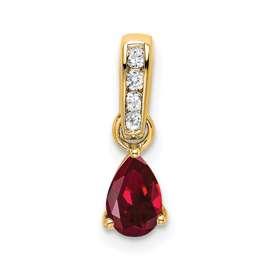 10K Yellow Gold Pear Created Ruby And Diamond Pendant