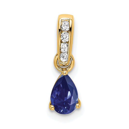 10K Yellow Gold Pear Created Sapphire And Diamond Pendant
