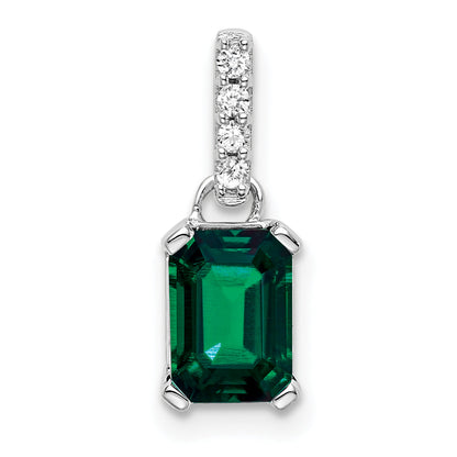 10K White Gold Created Emerald And Diamond Pendant