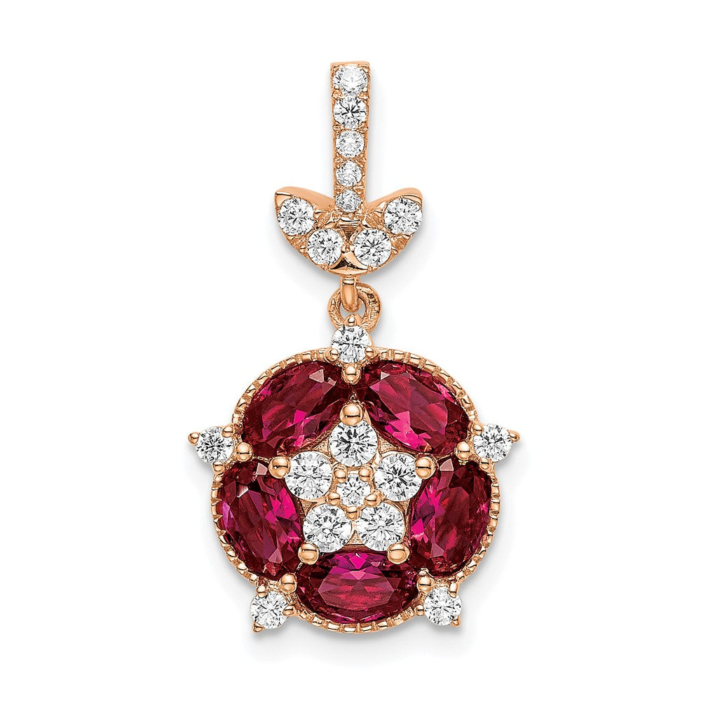 14k Rose Gold White 1/3 Ct. Lab Grown Diamond VS/SI+ G+ and Lab Created Ruby Floral Pendant