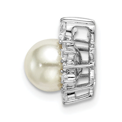 14K White Gold 1/3 Carat Lab Grown Diamond Vs/Si+ G+ And 7.00 mm Freshwater Cultured Pearl Chain Slide Pendant