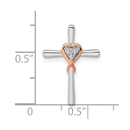14k Two-tone Two Tone Rose and White Gold 1/10 Ct. Lab Grown Diamond VS/SI+ G+ Cross with Heart Chain Slide Pendant