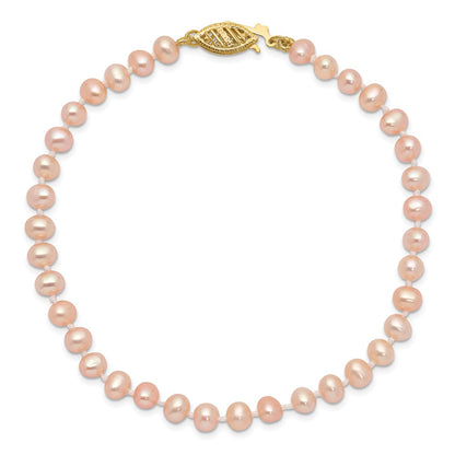 7.5 Inch 14K 4-5mm Pink Near Round Freshwater Cultured Pearl Bracelet