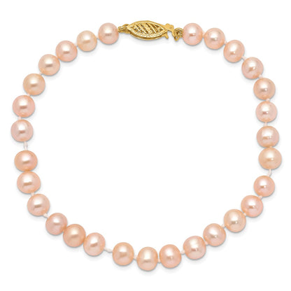7.5 Inch 14K 5-6mm Pink Near Round Freshwater Cultured Pearl Bracelet