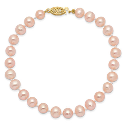 7.5 Inch 14K 6-7mm Pink Near Round Freshwater Cultured Pearl Bracelet