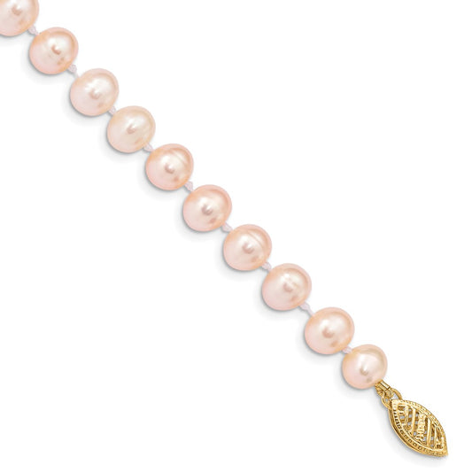 7.5 Inch 14K 6-7mm Pink Near Round Freshwater Cultured Pearl Bracelet