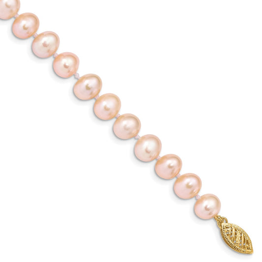 7.5 Inch 14K 7-8mm Pink Near Round Freshwater Cultured Pearl Bracelet