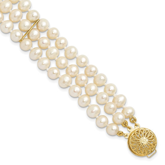 7.5 Inch 14K 5-6mm White Near Round Fw Cultured Pearl 3-Strand Bracelet