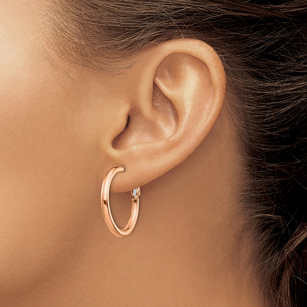 14K Rose Gold 3X20mm Polished Round Omega Back Hoop Earrings