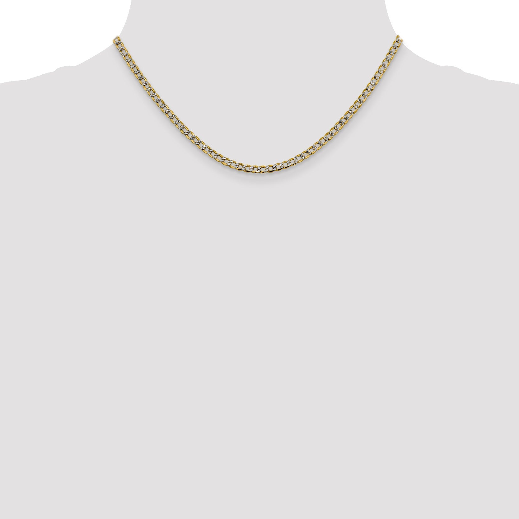 14K Yellow & Rhodium 3.4mm Semi-Solid With Pav Curb Lobster Clasp Chain Necklace