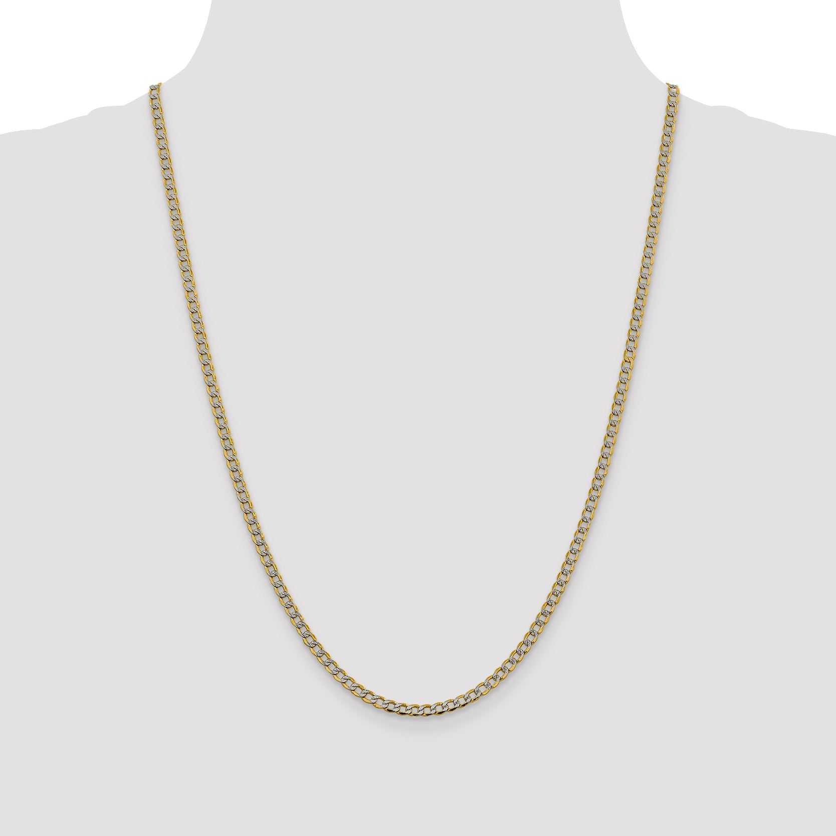 14K Yellow & Rhodium 3.4mm Semi-Solid With Pav Curb Lobster Clasp Chain Necklace