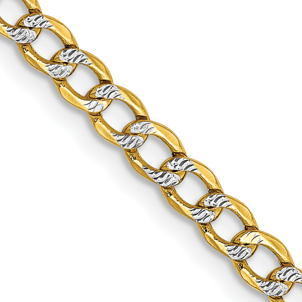 14K Yellow & Rhodium 3.4mm Semi-Solid With Pav Curb Lobster Clasp Chain Necklace