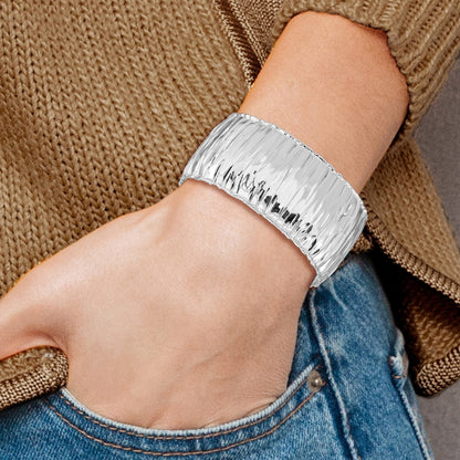 Sterling Silver Rhodium-Plated Polish Textured 31.5mm Cuff Bangle
