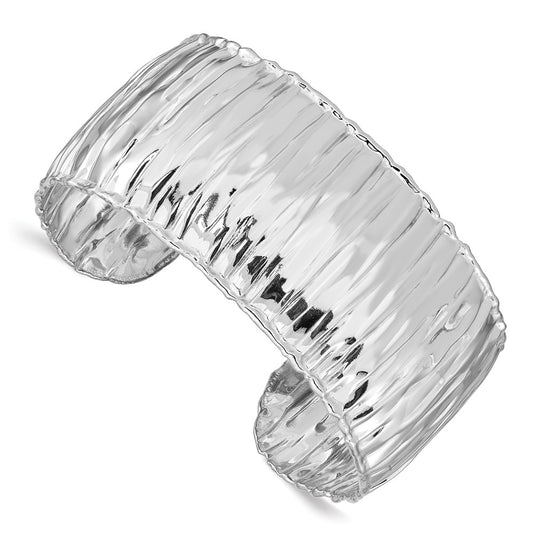 Sterling Silver Rhodium-Plated Polish Textured 31.5mm Cuff Bangle