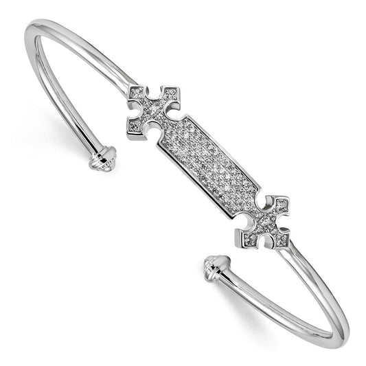 Sterling Silver Rhodium-Plated Cz Cross Cuff Bangle