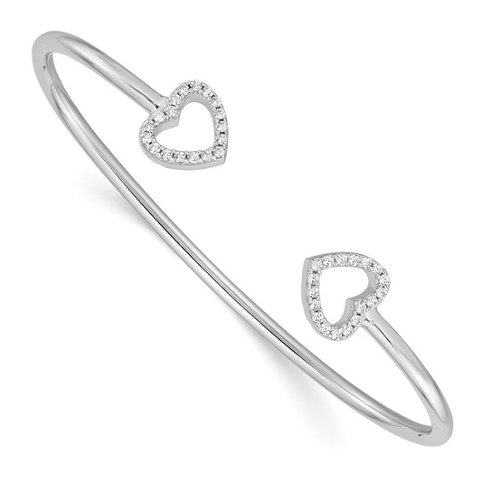 Sterling Silver Rhodium-Plated Cz Heart Cuff Bangle