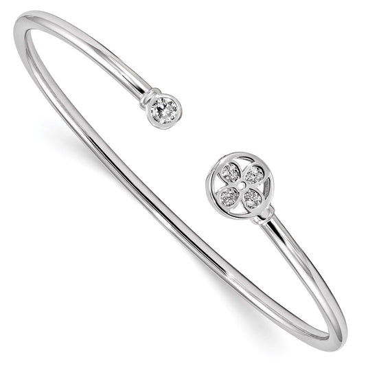 Sterling Silver Rhodium-Plated Cz Flower Cuff Bangle