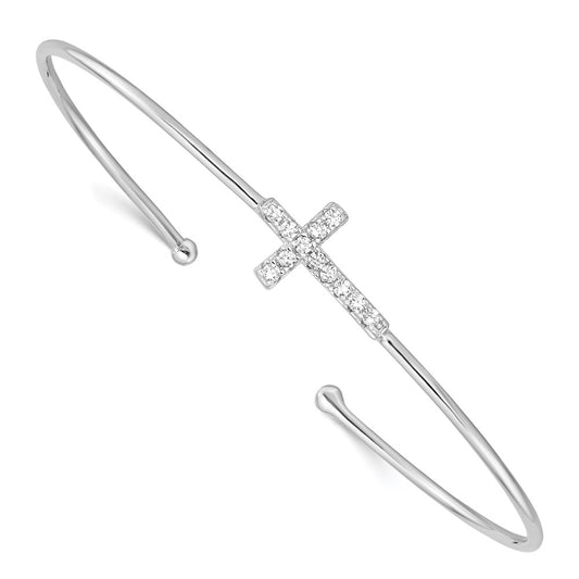 Sterling Silver Rhodium-Plated Cz Cross Cuff Bangle