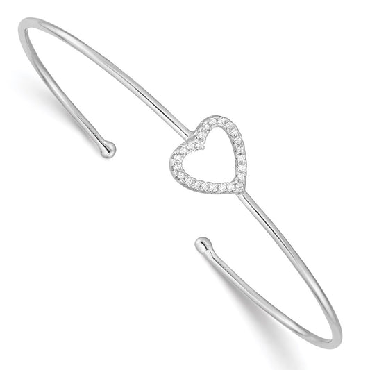 Sterling Silver Rhodium-Plated Cz Heart Cuff Bangle Bracelet
