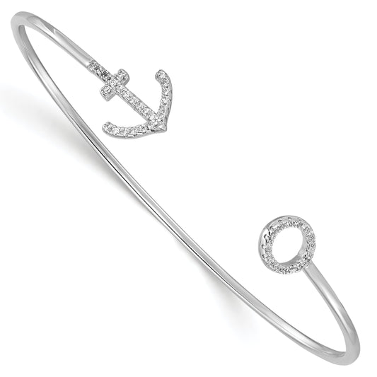 Sterling Silver Rhodium-Plated Cz Anchor Cuff Bangle