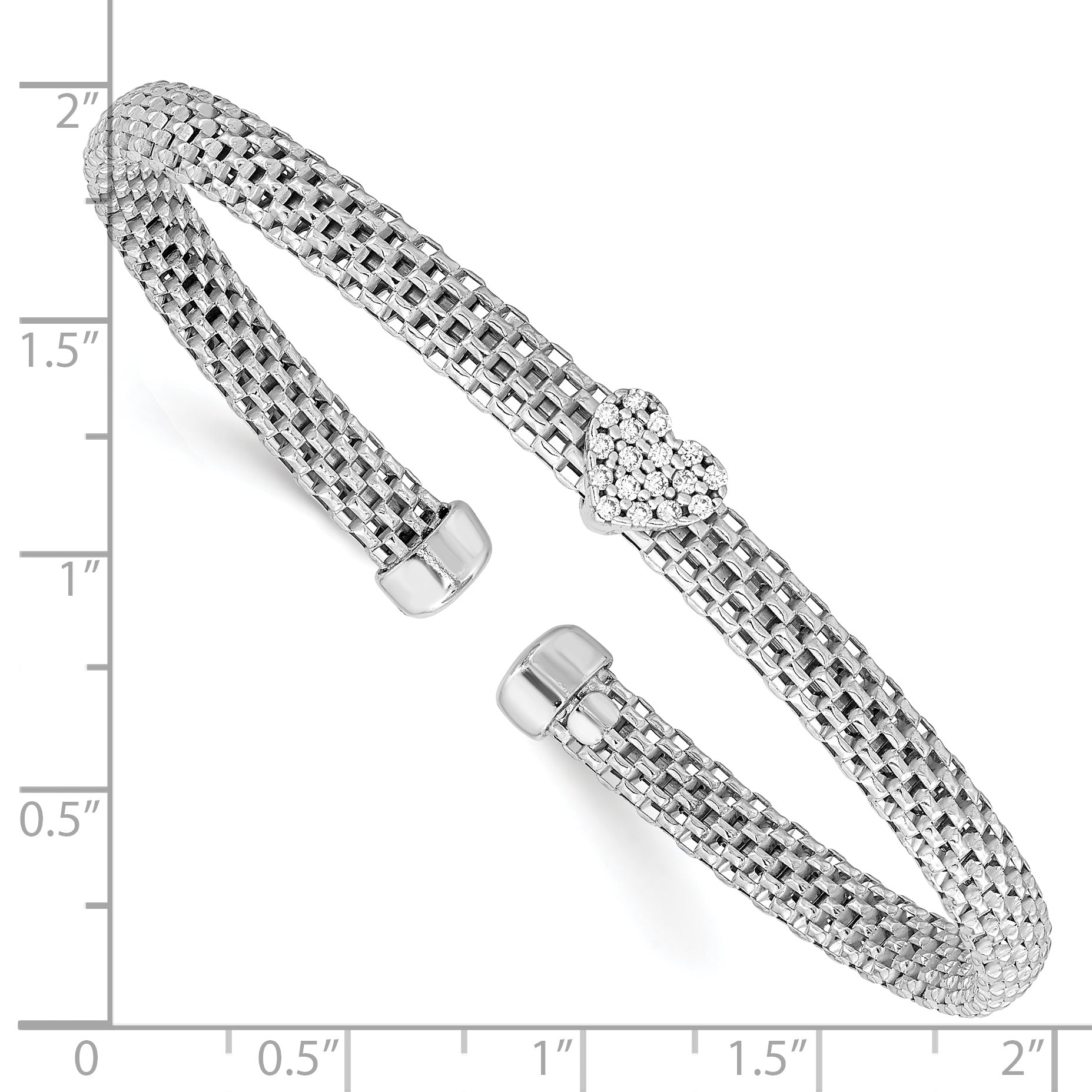 Sterling Silver Rhodium-Plated Polished Cz Heart Mesh Cuff Bangle