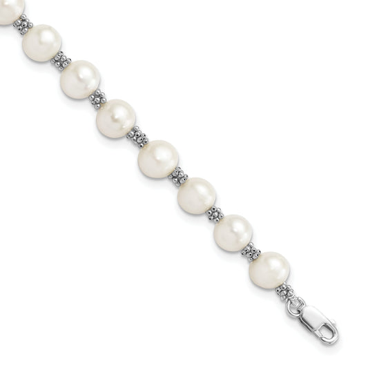 7.25 Inch Sterling Silver Rhodium-Plated White Fw Cultured Pearl Bracelet
