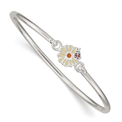 Sterling Silver Enameled Flower & Ladybug Children'S Bangle Bracelet