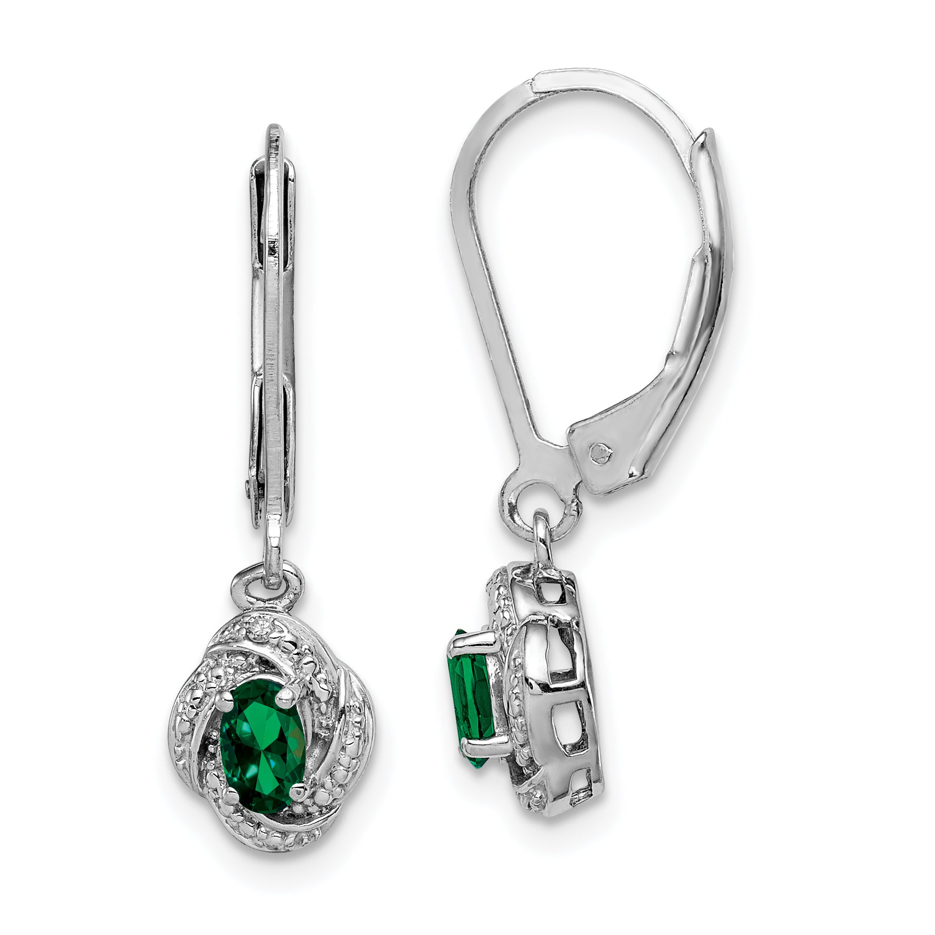Sterling Silver Rhodium-Plated Diam. & Created Emerald Earrings