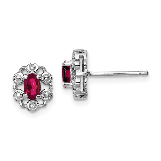 Sterling Silver Rhodium-Plated Created Ruby & Diam. Earrings